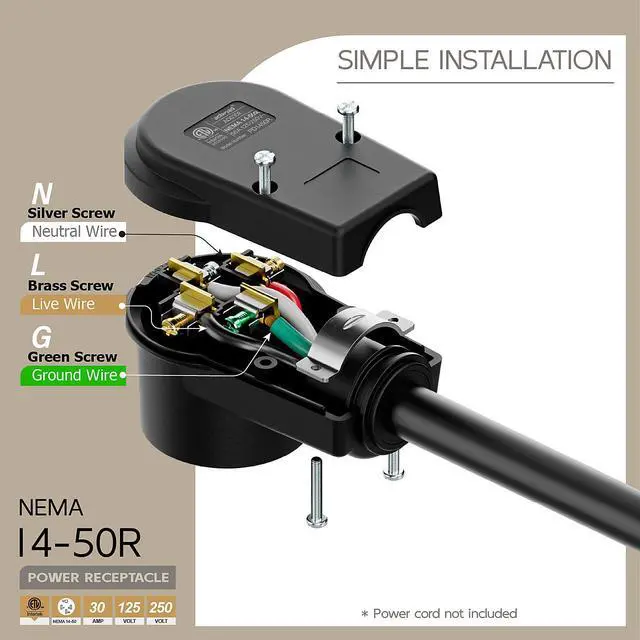 Alt view image 4 of 7 - NEMA 14-50R Plug,14-50 50A/125/250V Female Connector, (ETL Certified) 50Amp 125/250Volt Cord End Socket, Female 50A Dryer Receptacle, Heavy Duty, Black Color
