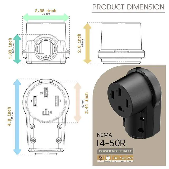 Alt view image 5 of 7 - NEMA 14-50R Plug,14-50 50A/125/250V Female Connector, (ETL Certified) 50Amp 125/250Volt Cord End Socket, Female 50A Dryer Receptacle, Heavy Duty, Black Color