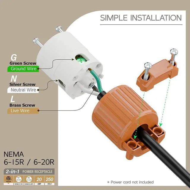 Alt view image 3 of 6 - NEMA 6-15R/6-20R 2-in-1 Female Receptacle, ETL Listed 15/20A 250V Rewireable Cord End Socket, UL94-V0 Fire-Resistant Nylon & Copper, Fits 12~18AWG SJT/SVT Cord, Orange Industrial Connector