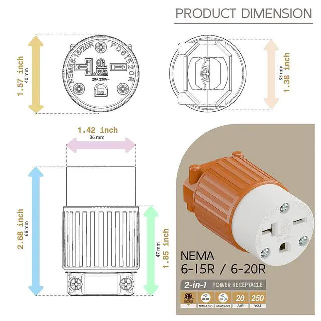 Alt view image 5 of 6 - NEMA 6-15R/6-20R 2-in-1 Female Receptacle, ETL Listed 15/20A 250V Rewireable Cord End Socket, UL94-V0 Fire-Resistant Nylon & Copper, Fits 12~18AWG SJT/SVT Cord, Orange Industrial Connector