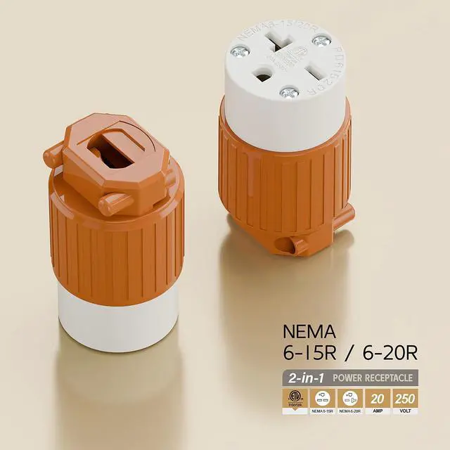Alt view image 4 of 6 - NEMA 6-15R/6-20R 2-in-1 Female Receptacle, ETL Listed 15/20A 250V Rewireable Cord End Socket, UL94-V0 Fire-Resistant Nylon & Copper, Fits 12~18AWG SJT/SVT Cord, Orange Industrial Connector