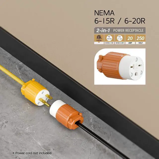 Alt view image 6 of 6 - NEMA 6-15R/6-20R 2-in-1 Female Receptacle, ETL Listed 15/20A 250V Rewireable Cord End Socket, UL94-V0 Fire-Resistant Nylon & Copper, Fits 12~18AWG SJT/SVT Cord, Orange Industrial Connector
