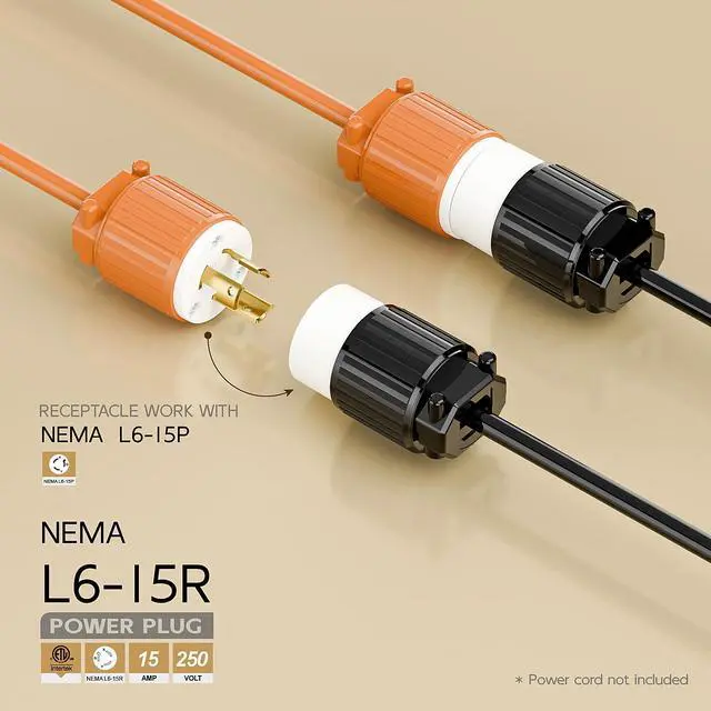 Alt view image 2 of 6 - NEMA L6-15R Twist Lock Female Receptacle, ETL Listed 15A 250V Rewireable Cord End Socket, UL94-V0 Nylon Copper for 10~18AWG SJT/SVT Cord, Black White Industrial Connector