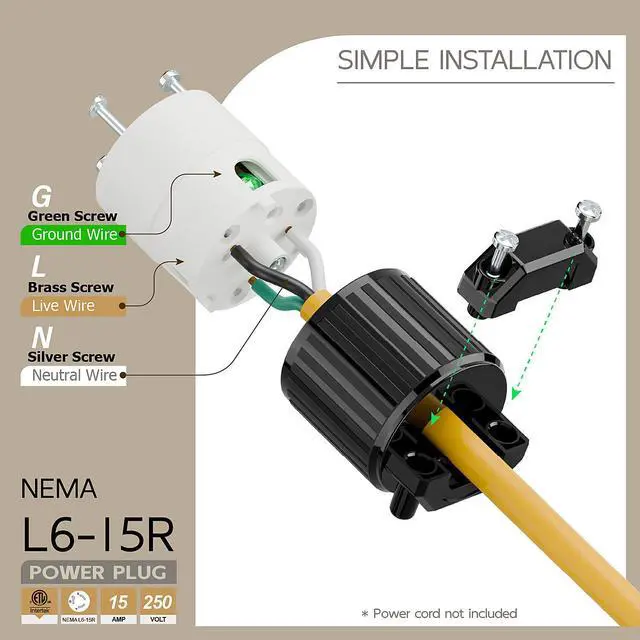 Alt view image 3 of 6 - NEMA L6-15R Twist Lock Female Receptacle, ETL Listed 15A 250V Rewireable Cord End Socket, UL94-V0 Nylon Copper for 10~18AWG SJT/SVT Cord, Black White Industrial Connector