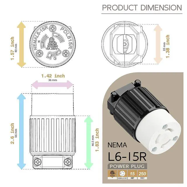 Alt view image 5 of 6 - NEMA L6-15R Twist Lock Female Receptacle, ETL Listed 15A 250V Rewireable Cord End Socket, UL94-V0 Nylon Copper for 10~18AWG SJT/SVT Cord, Black White Industrial Connector
