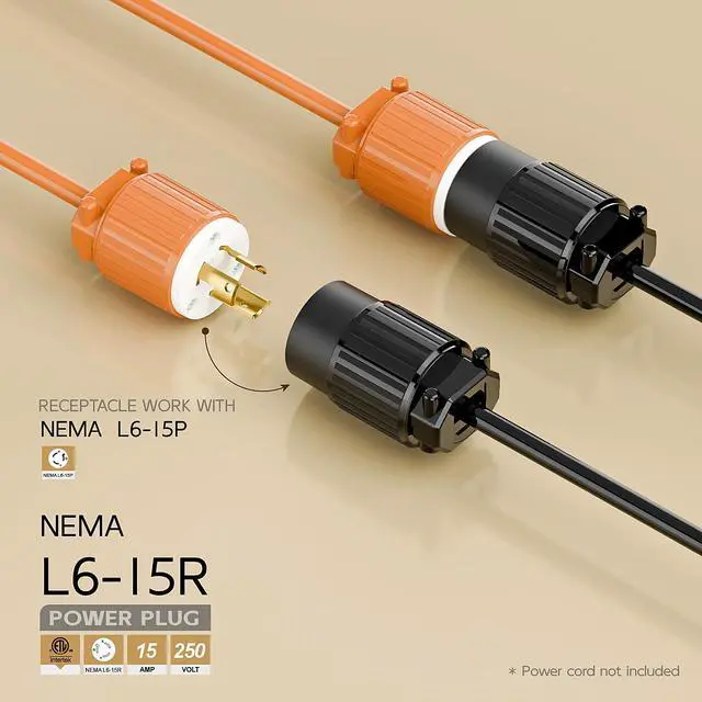 Alt view image 2 of 6 - NEMA L6-15R Twist Lock Female Receptacle, ETL Listed 15A 250V Rewireable Cord End Socket, UL94-V0 Nylon Copper for 10~18AWG SJT/SVT Cord, Black Industrial Connector
