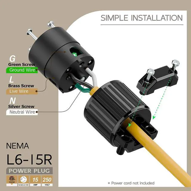 Alt view image 3 of 6 - NEMA L6-15R Twist Lock Female Receptacle, ETL Listed 15A 250V Rewireable Cord End Socket, UL94-V0 Nylon Copper for 10~18AWG SJT/SVT Cord, Black Industrial Connector