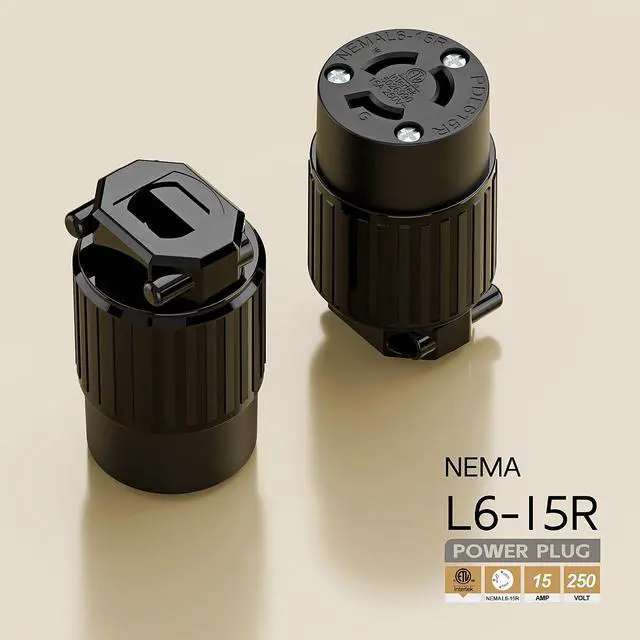 Alt view image 4 of 6 - NEMA L6-15R Twist Lock Female Receptacle, ETL Listed 15A 250V Rewireable Cord End Socket, UL94-V0 Nylon Copper for 10~18AWG SJT/SVT Cord, Black Industrial Connector