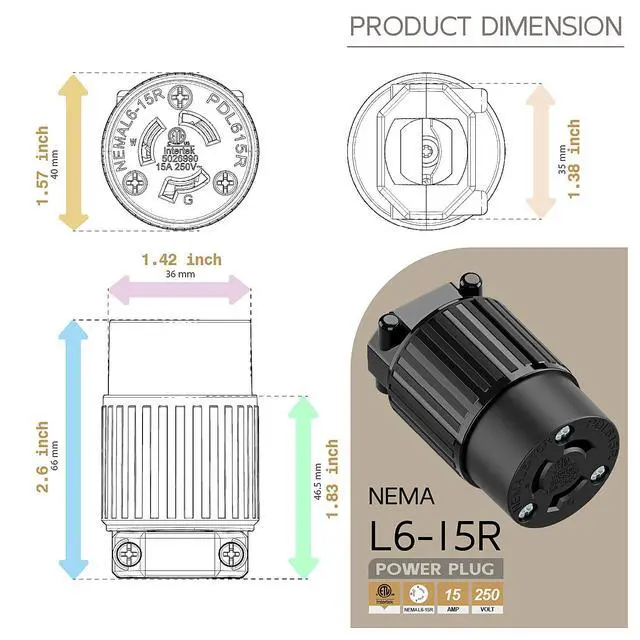 Alt view image 5 of 6 - NEMA L6-15R Twist Lock Female Receptacle, ETL Listed 15A 250V Rewireable Cord End Socket, UL94-V0 Nylon Copper for 10~18AWG SJT/SVT Cord, Black Industrial Connector