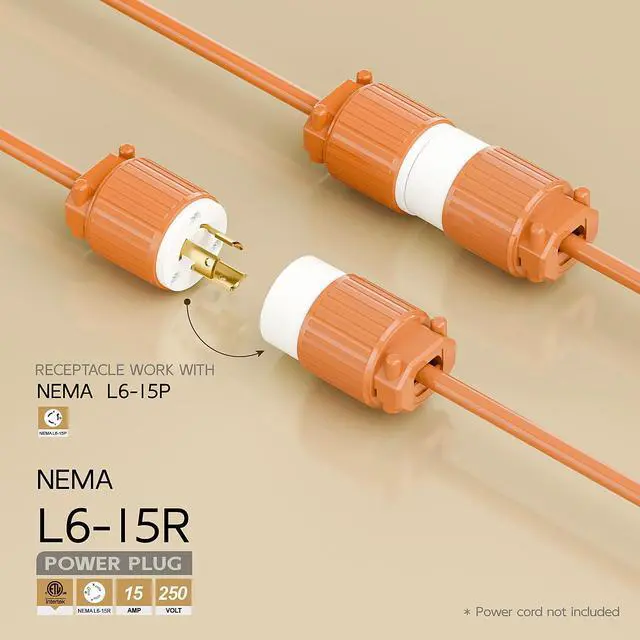 Alt view image 2 of 6 - NEMA L6-15R Twist Lock Female Receptacle, ETL Listed 15A 250V Rewireable Cord End Socket, UL94-V0 Nylon Copper for 10~18AWG SJT/SVT Cord, Orange Industrial Connector