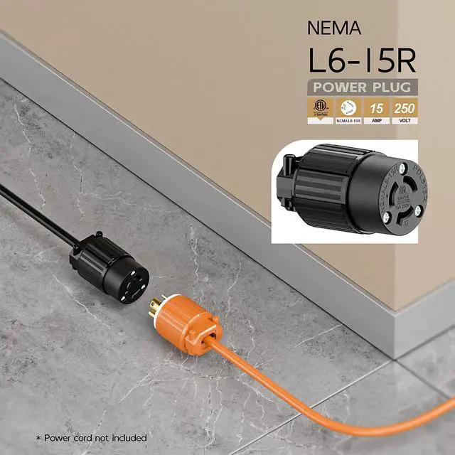 Alt view image 6 of 6 - NEMA L6-15R Twist Lock Female Receptacle, ETL Listed 15A 250V Rewireable Cord End Socket, UL94-V0 Nylon Copper for 10~18AWG SJT/SVT Cord, Black Industrial Connector