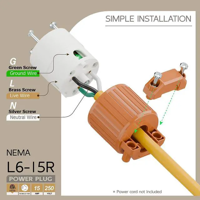 Alt view image 3 of 6 - NEMA L6-15R Twist Lock Female Receptacle, ETL Listed 15A 250V Rewireable Cord End Socket, UL94-V0 Nylon Copper for 10~18AWG SJT/SVT Cord, Orange Industrial Connector