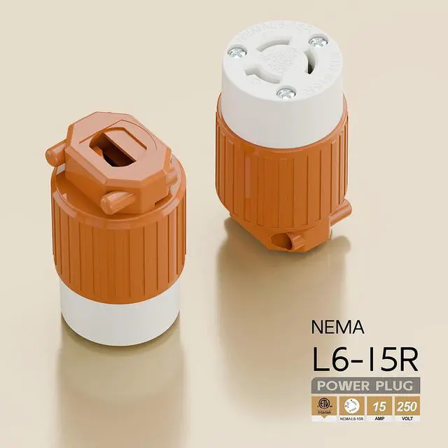Alt view image 4 of 6 - NEMA L6-15R Twist Lock Female Receptacle, ETL Listed 15A 250V Rewireable Cord End Socket, UL94-V0 Nylon Copper for 10~18AWG SJT/SVT Cord, Orange Industrial Connector
