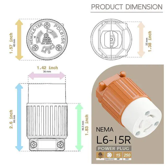 Alt view image 5 of 6 - NEMA L6-15R Twist Lock Female Receptacle, ETL Listed 15A 250V Rewireable Cord End Socket, UL94-V0 Nylon Copper for 10~18AWG SJT/SVT Cord, Orange Industrial Connector