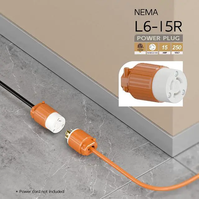 Alt view image 6 of 6 - NEMA L6-15R Twist Lock Female Receptacle, ETL Listed 15A 250V Rewireable Cord End Socket, UL94-V0 Nylon Copper for 10~18AWG SJT/SVT Cord, Orange Industrial Connector