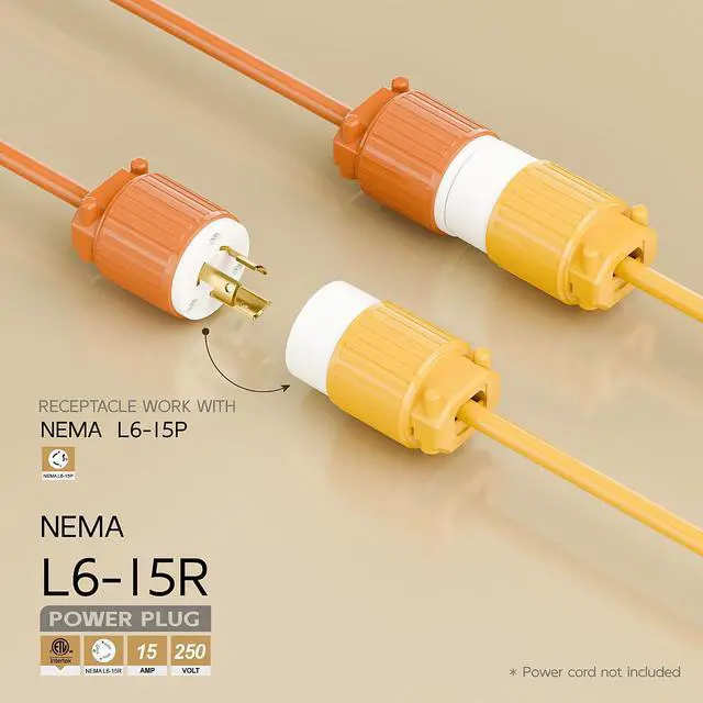Alt view image 2 of 6 - NEMA L6-15R Twist Lock Female Receptacle, ETL Listed 15A 250V Rewireable Cord End Socket, UL94-V0 Nylon Copper for 10~18AWG SJT/SVT Cord, Yellow Industrial Connector