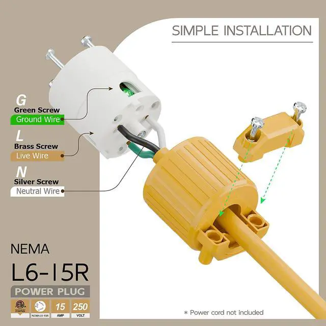 Alt view image 3 of 6 - NEMA L6-15R Twist Lock Female Receptacle, ETL Listed 15A 250V Rewireable Cord End Socket, UL94-V0 Nylon Copper for 10~18AWG SJT/SVT Cord, Yellow Industrial Connector