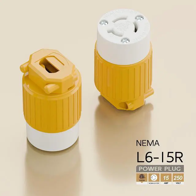 Alt view image 4 of 6 - NEMA L6-15R Twist Lock Female Receptacle, ETL Listed 15A 250V Rewireable Cord End Socket, UL94-V0 Nylon Copper for 10~18AWG SJT/SVT Cord, Yellow Industrial Connector