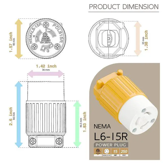 Alt view image 5 of 6 - NEMA L6-15R Twist Lock Female Receptacle, ETL Listed 15A 250V Rewireable Cord End Socket, UL94-V0 Nylon Copper for 10~18AWG SJT/SVT Cord, Yellow Industrial Connector