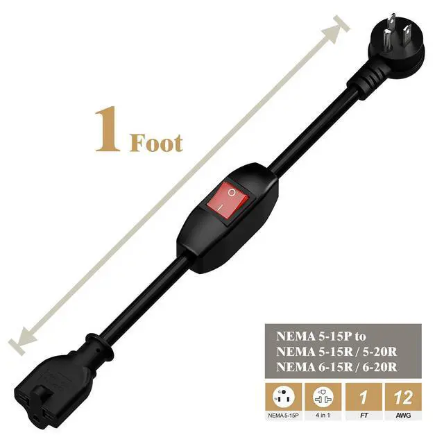 Alt view image 2 of 7 - 4-in-1 Heavy Duty On/Off Switch Extension Cord 12-AWG 15A Household Plug to 20A T Blade Adapter Cable with Heavy Duty 23A 125V Inline Switch, 1FT,AC0035