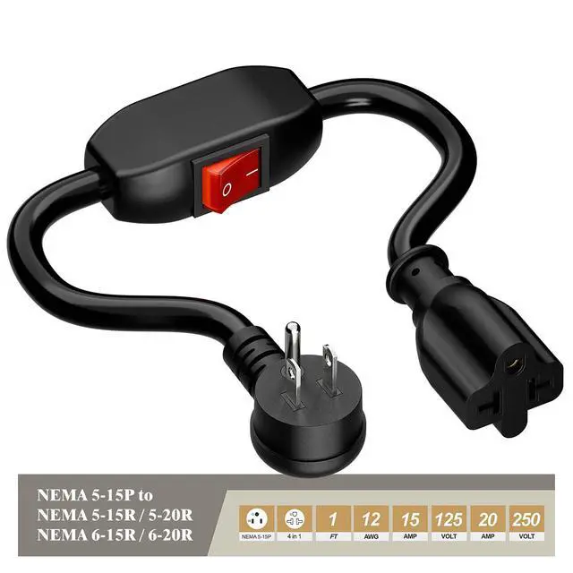 Alt view image 3 of 7 - 4-in-1 Heavy Duty On/Off Switch Extension Cord 12-AWG 15A Household Plug to 20A T Blade Adapter Cable with Heavy Duty 23A 125V Inline Switch, 1FT,AC0035