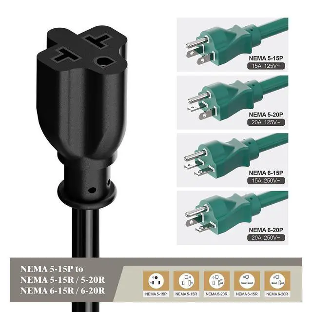 Alt view image 7 of 7 - 4-in-1 Heavy Duty On/Off Switch Extension Cord 12-AWG 15A Household Plug to 20A T Blade Adapter Cable with Heavy Duty 23A 125V Inline Switch, 1FT,AC0035