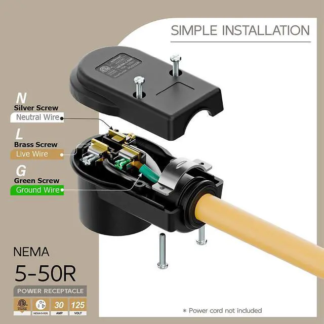 Alt view image 4 of 7 - NEMA 5-50R Socket,5-50R Female Connector, (ETL Certified) 50Amp 125Volt 50A/125V Heavy Duty Receptacle, Black Color.