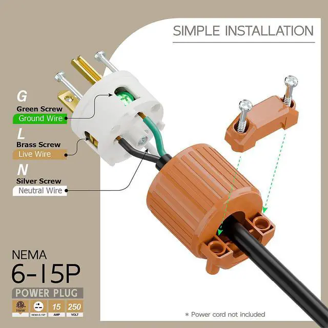 Alt view image 3 of 6 - NEMA 6-15P Male Plug, ETL Listed 15AMP/250VOLT,15A Straight DIY Male, USA/Canada 3-Prong Connector, 15A/250V Plug Household AC Industrial Grade Plug Orange Color