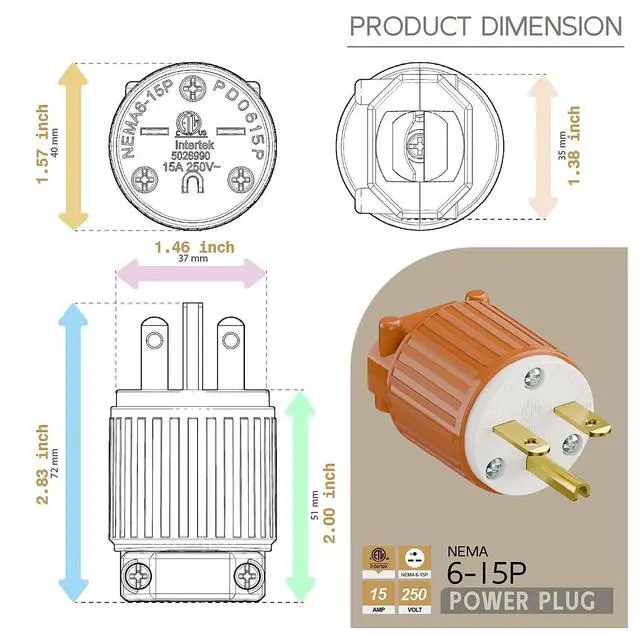 Alt view image 5 of 6 - NEMA 6-15P Male Plug, ETL Listed 15AMP/250VOLT,15A Straight DIY Male, USA/Canada 3-Prong Connector, 15A/250V Plug Household AC Industrial Grade Plug Orange Color