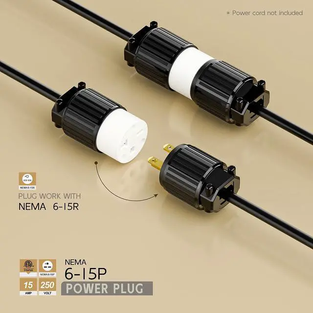 Alt view image 2 of 6 - NEMA 6-15P Male Plug, ETL Listed 15AMP/250VOLT,15A Straight DIY Male, USA/Canada 3-Prong Connector, 15A/250V Plug Household AC Industrial Grade Plug Black Color