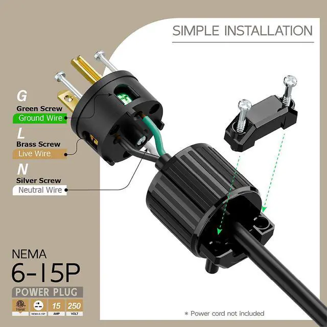 Alt view image 3 of 6 - NEMA 6-15P Male Plug, ETL Listed 15AMP/250VOLT,15A Straight DIY Male, USA/Canada 3-Prong Connector, 15A/250V Plug Household AC Industrial Grade Plug Black Color
