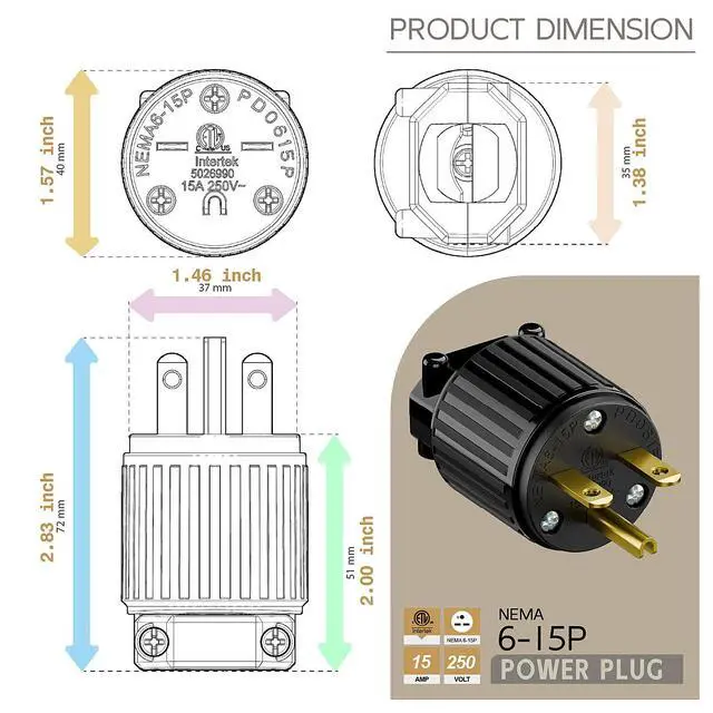 Alt view image 5 of 6 - NEMA 6-15P Male Plug, ETL Listed 15AMP/250VOLT,15A Straight DIY Male, USA/Canada 3-Prong Connector, 15A/250V Plug Household AC Industrial Grade Plug Black Color