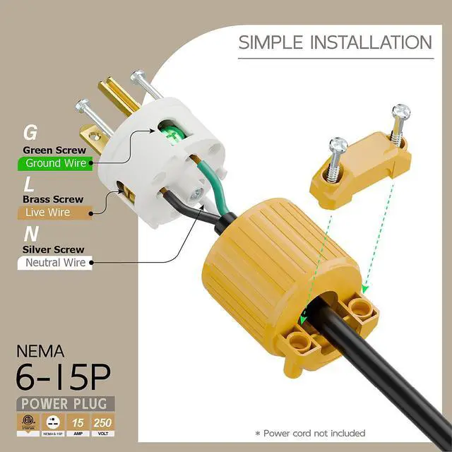 Alt view image 3 of 6 - NEMA 6-15P Male Plug, ETL Listed 15AMP/250VOLT,15A Straight DIY Male, USA/Canada 3-Prong Connector, 15A/250V Household AC Industrial Grade Plug Yellow and White Color