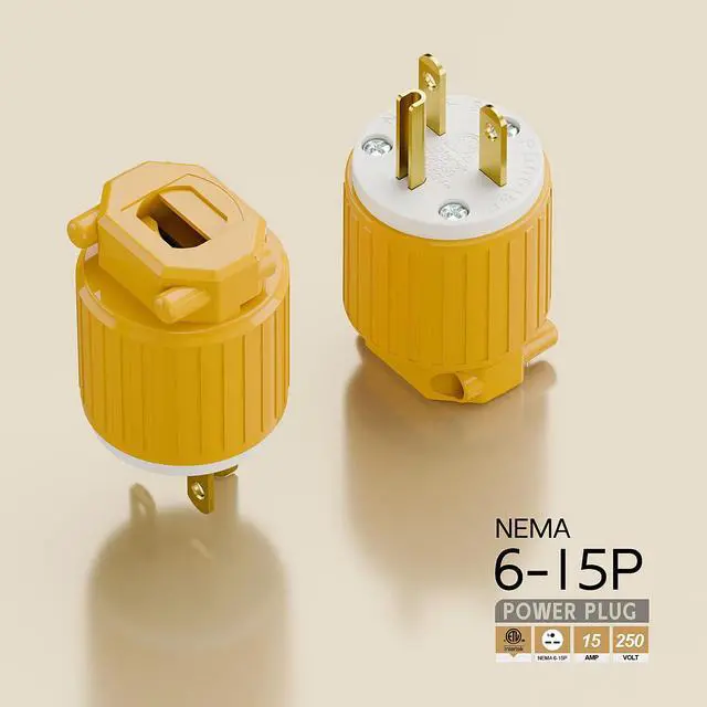 Alt view image 4 of 6 - NEMA 6-15P Male Plug, ETL Listed 15AMP/250VOLT,15A Straight DIY Male, USA/Canada 3-Prong Connector, 15A/250V Household AC Industrial Grade Plug Yellow and White Color