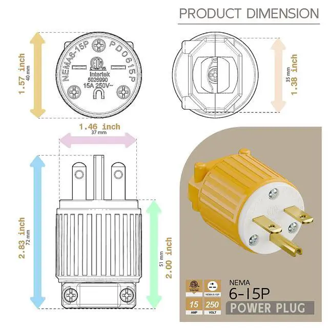 Alt view image 5 of 6 - NEMA 6-15P Male Plug, ETL Listed 15AMP/250VOLT,15A Straight DIY Male, USA/Canada 3-Prong Connector, 15A/250V Household AC Industrial Grade Plug Yellow and White Color