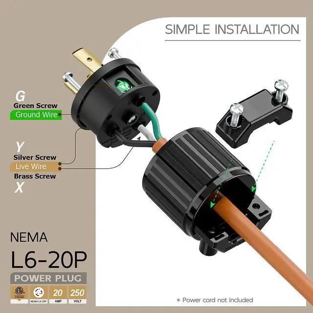 Alt view image 3 of 6 - Nema L6-20P 20 Amp 250 Volt Connector, L6-20 Locking Power Cord Connector 2P 3W, Locking Plug, Industrial Grade DIY Twist-Lock Cord Male Plug,Black Color