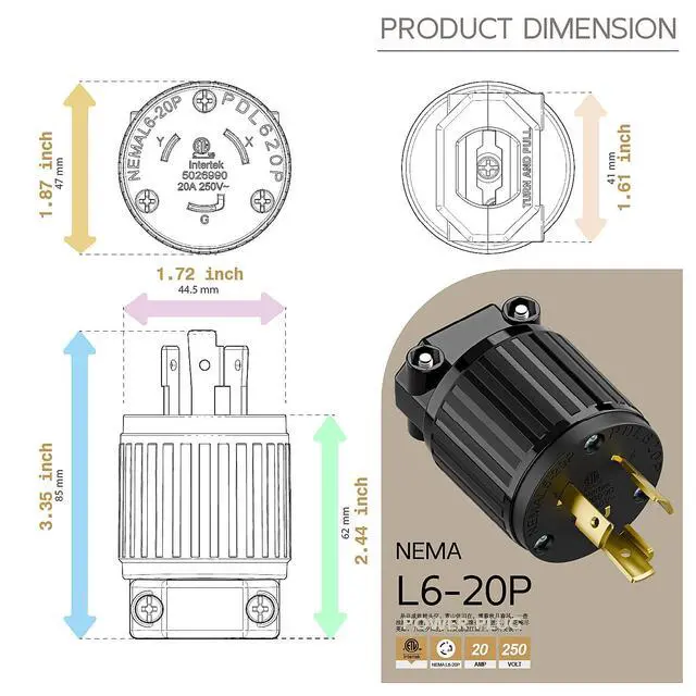 Alt view image 5 of 6 - Nema L6-20P 20 Amp 250 Volt Connector, L6-20 Locking Power Cord Connector 2P 3W, Locking Plug, Industrial Grade DIY Twist-Lock Cord Male Plug,Black Color