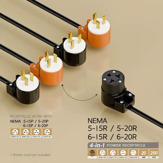 Alt view image 2 of 7 - Right Angled Four-in-One Heavy Duty Polarized NEMA 5-15R/5-20R/6-15R/6-20R Female Receptacle,15A/20A 125VOLT, 15A/20A 250V NEMA 4-in-1 Connector, Straight Female Socket Black