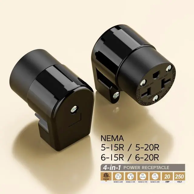 Alt view image 4 of 7 - Right Angled Four-in-One Heavy Duty Polarized NEMA 5-15R/5-20R/6-15R/6-20R Female Receptacle,15A/20A 125VOLT, 15A/20A 250V NEMA 4-in-1 Connector, Straight Female Socket Black