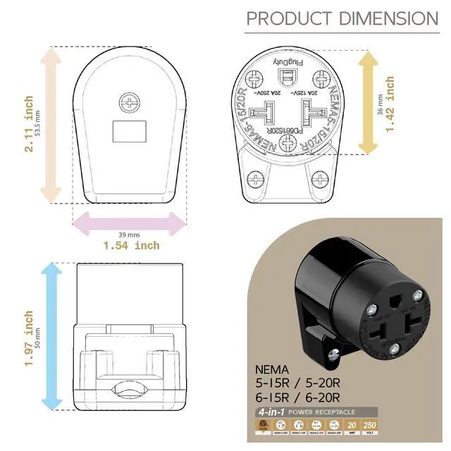 Alt view image 5 of 7 - Right Angled Four-in-One Heavy Duty Polarized NEMA 5-15R/5-20R/6-15R/6-20R Female Receptacle,15A/20A 125VOLT, 15A/20A 250V NEMA 4-in-1 Connector, Straight Female Socket Black