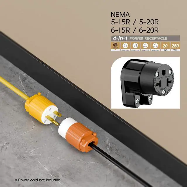 Alt view image 6 of 7 - Right Angled Four-in-One Heavy Duty Polarized NEMA 5-15R/5-20R/6-15R/6-20R Female Receptacle,15A/20A 125VOLT, 15A/20A 250V NEMA 4-in-1 Connector, Straight Female Socket Black