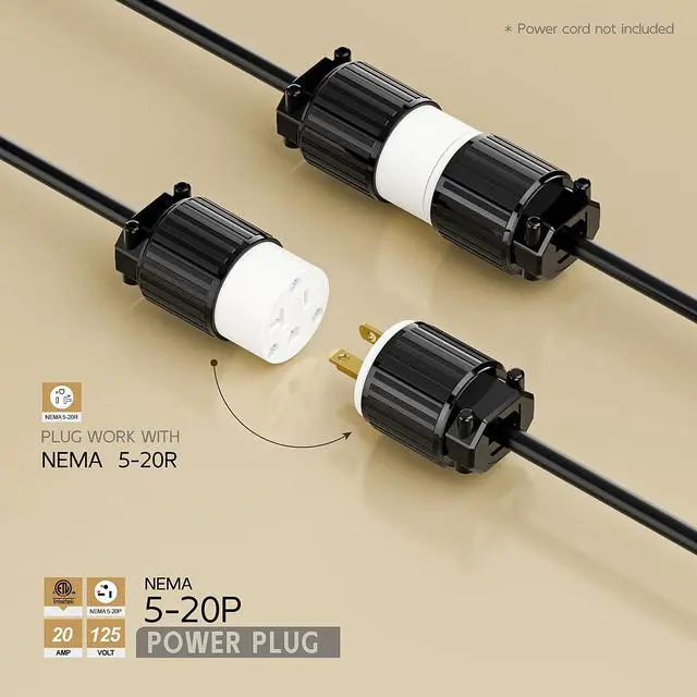 Alt view image 2 of 6 - USA 3-Prong Male AC Plug, ETL Nema 5-20P 3 Pole Straight T- Blade DIY Rewirable, 20A 125V USA 3Pin AC Connector, Nema 5-20 Male US 3Pole Power Plug, Black
