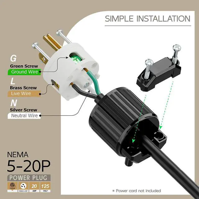 Alt view image 3 of 6 - USA 3-Prong Male AC Plug, ETL Nema 5-20P 3 Pole Straight T- Blade DIY Rewirable, 20A 125V USA 3Pin AC Connector, Nema 5-20 Male US 3Pole Power Plug, Black