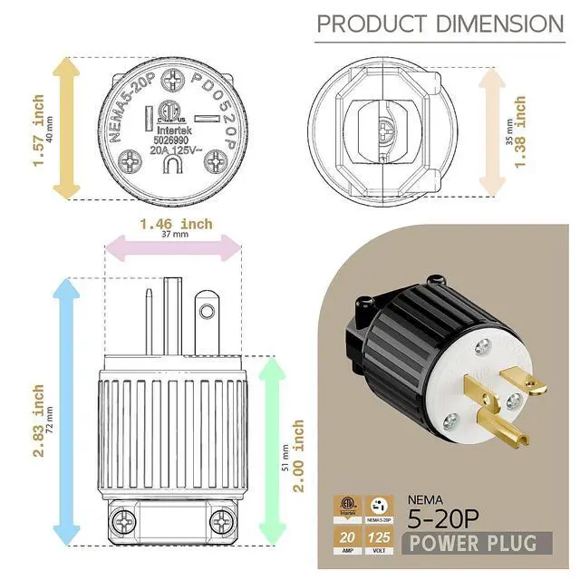 Alt view image 5 of 6 - USA 3-Prong Male AC Plug, ETL Nema 5-20P 3 Pole Straight T- Blade DIY Rewirable, 20A 125V USA 3Pin AC Connector, Nema 5-20 Male US 3Pole Power Plug, Black