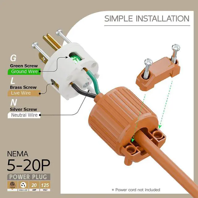 Alt view image 3 of 6 - Nema 5-20P 20Amp 125Volt Plug, ETL Listed Heavy Duty Rewireable 20A/125Volt USA Canada 3-Prong Male Straight Blade Connector, 20Amp AC Industrial Grade Cord End Plug, Orange Color