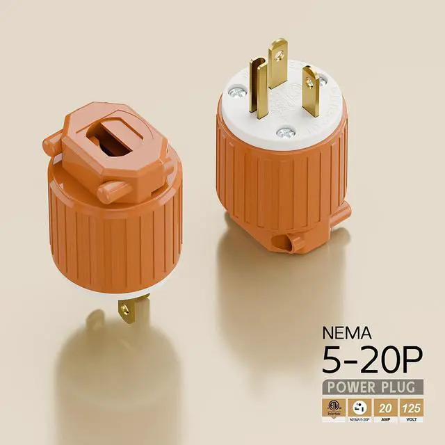 Alt view image 4 of 6 - Nema 5-20P 20Amp 125Volt Plug, ETL Listed Heavy Duty Rewireable 20A/125Volt USA Canada 3-Prong Male Straight Blade Connector, 20Amp AC Industrial Grade Cord End Plug, Orange Color