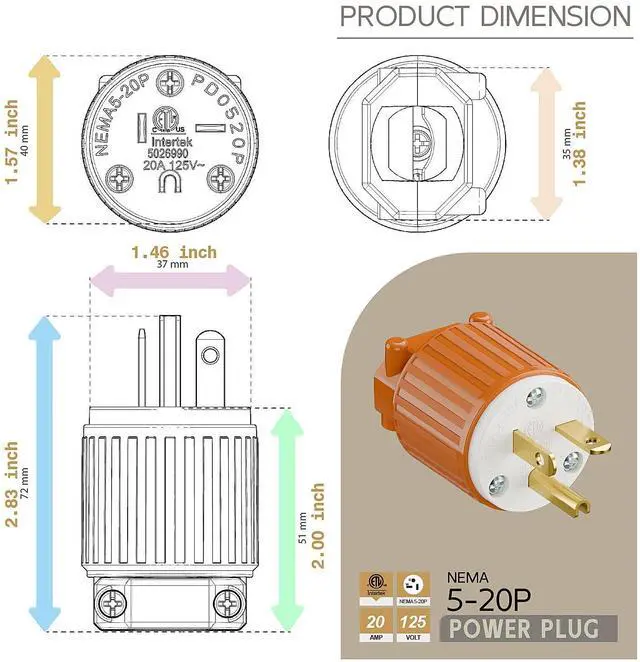 Alt view image 5 of 6 - Nema 5-20P 20Amp 125Volt Plug, ETL Listed Heavy Duty Rewireable 20A/125Volt USA Canada 3-Prong Male Straight Blade Connector, 20Amp AC Industrial Grade Cord End Plug, Orange Color