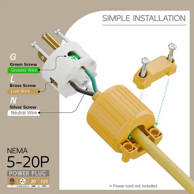 Alt view image 3 of 6 - Nema 5-20P 20Amp 125Volt Plug, ETL Listed Heavy Duty Rewireable 20A/125Volt USA Canada 3-Prong Male Straight Blade Connector, 20Amp AC Industrial Grade Cord End Plug, Yellow Color