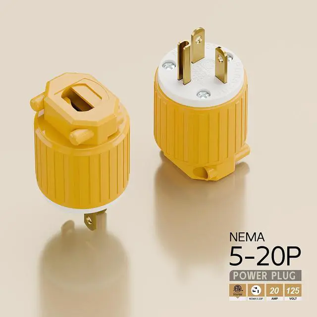 Alt view image 4 of 6 - Nema 5-20P 20Amp 125Volt Plug, ETL Listed Heavy Duty Rewireable 20A/125Volt USA Canada 3-Prong Male Straight Blade Connector, 20Amp AC Industrial Grade Cord End Plug, Yellow Color