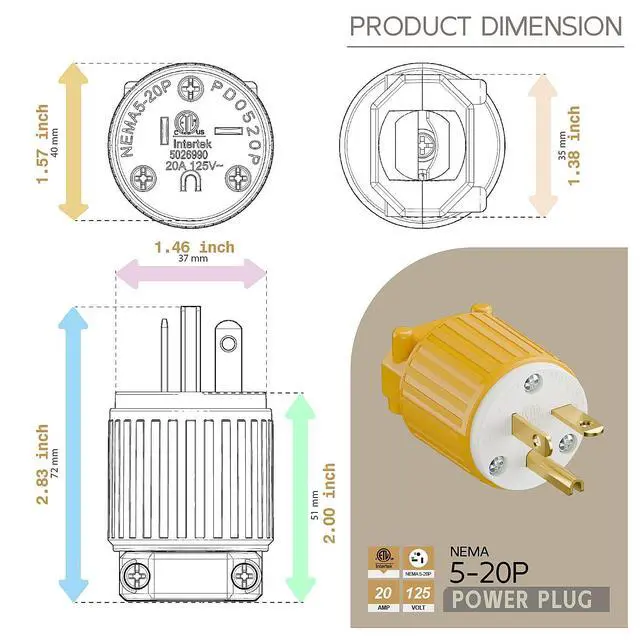 Alt view image 5 of 6 - Nema 5-20P 20Amp 125Volt Plug, ETL Listed Heavy Duty Rewireable 20A/125Volt USA Canada 3-Prong Male Straight Blade Connector, 20Amp AC Industrial Grade Cord End Plug, Yellow Color